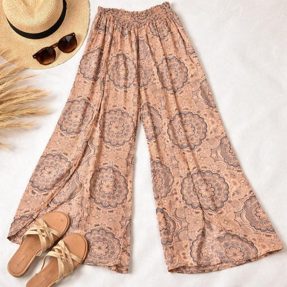 Boho Wide Leg Palazzo‎ Pants Womens XS By Eloise Smocked Waist Festival Flowy